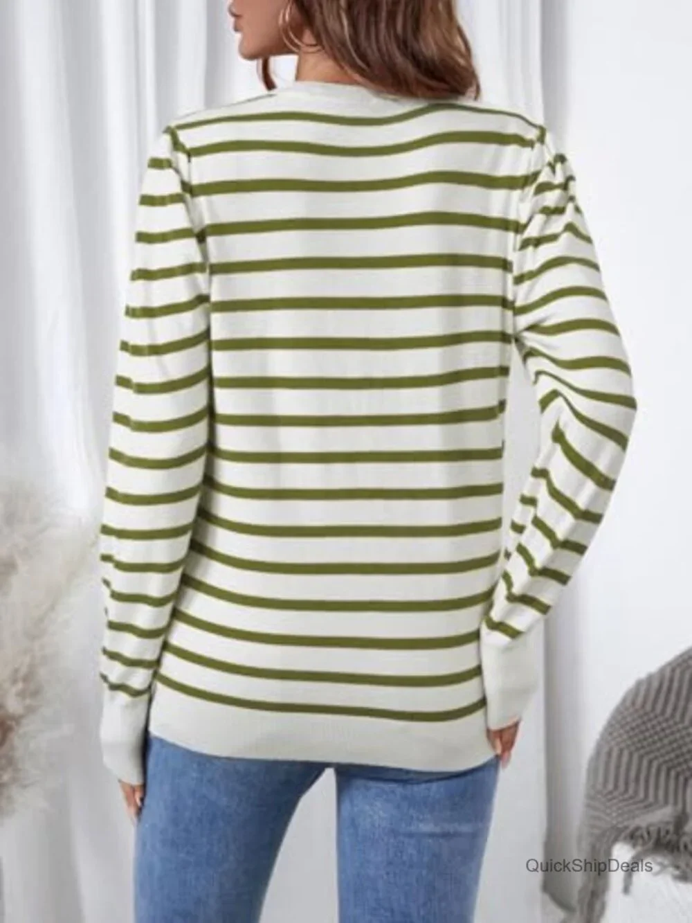 Striped Puff Long Sleeve Knit Pullover Sweater Women Casual Crew Neck